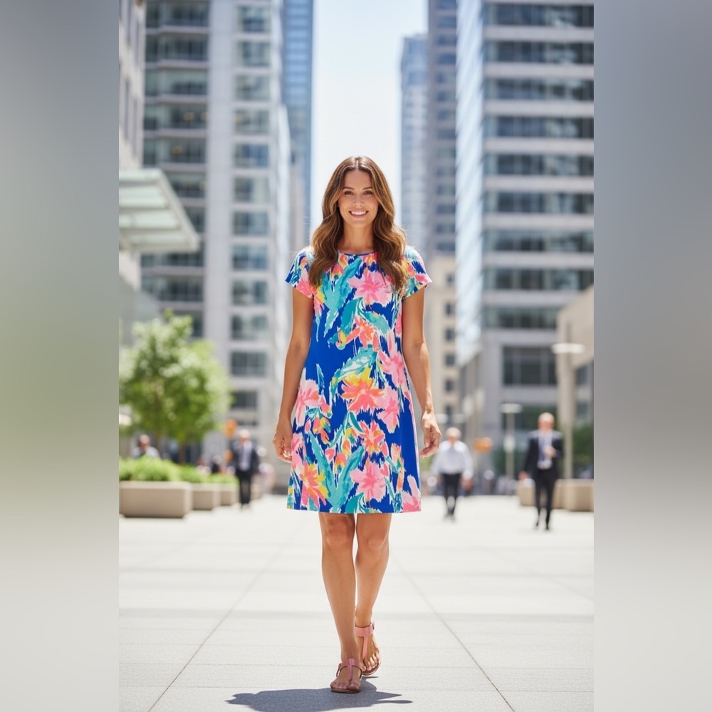 Lilly Pulitzer Marlowe Dress, Pima Cotton Tropical Floral, Size L, Blue, Pink